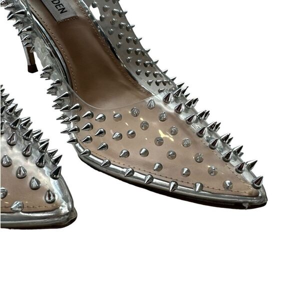 Revolve Steve Madden Luiza Vala Studded Clear Pointed toe Stiletto Heels Silver - Picture 11 of 12